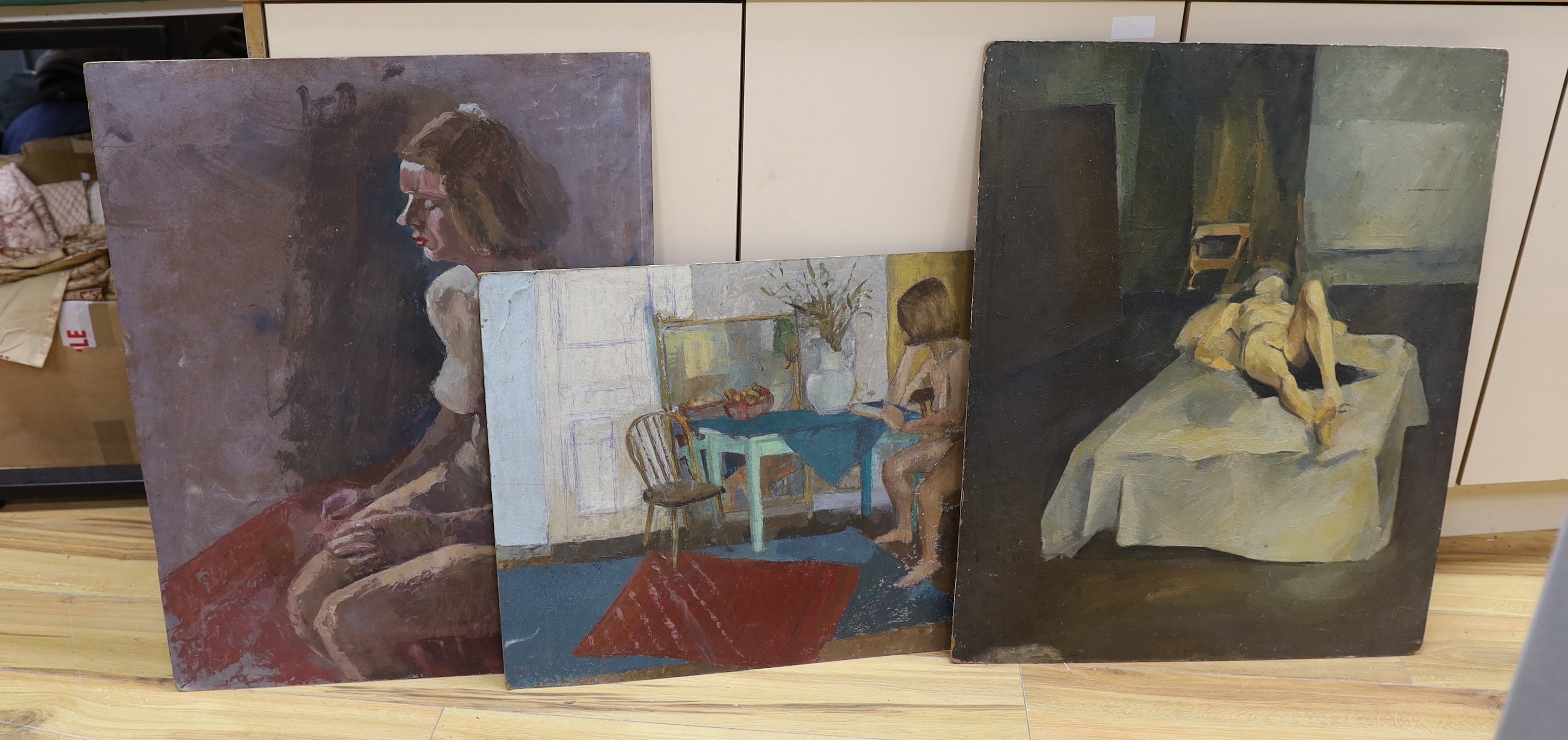 Keith John Tutt, three oils on board, Nudes in the studio, one inscribed verso, largest 77 x 62cm, unframed